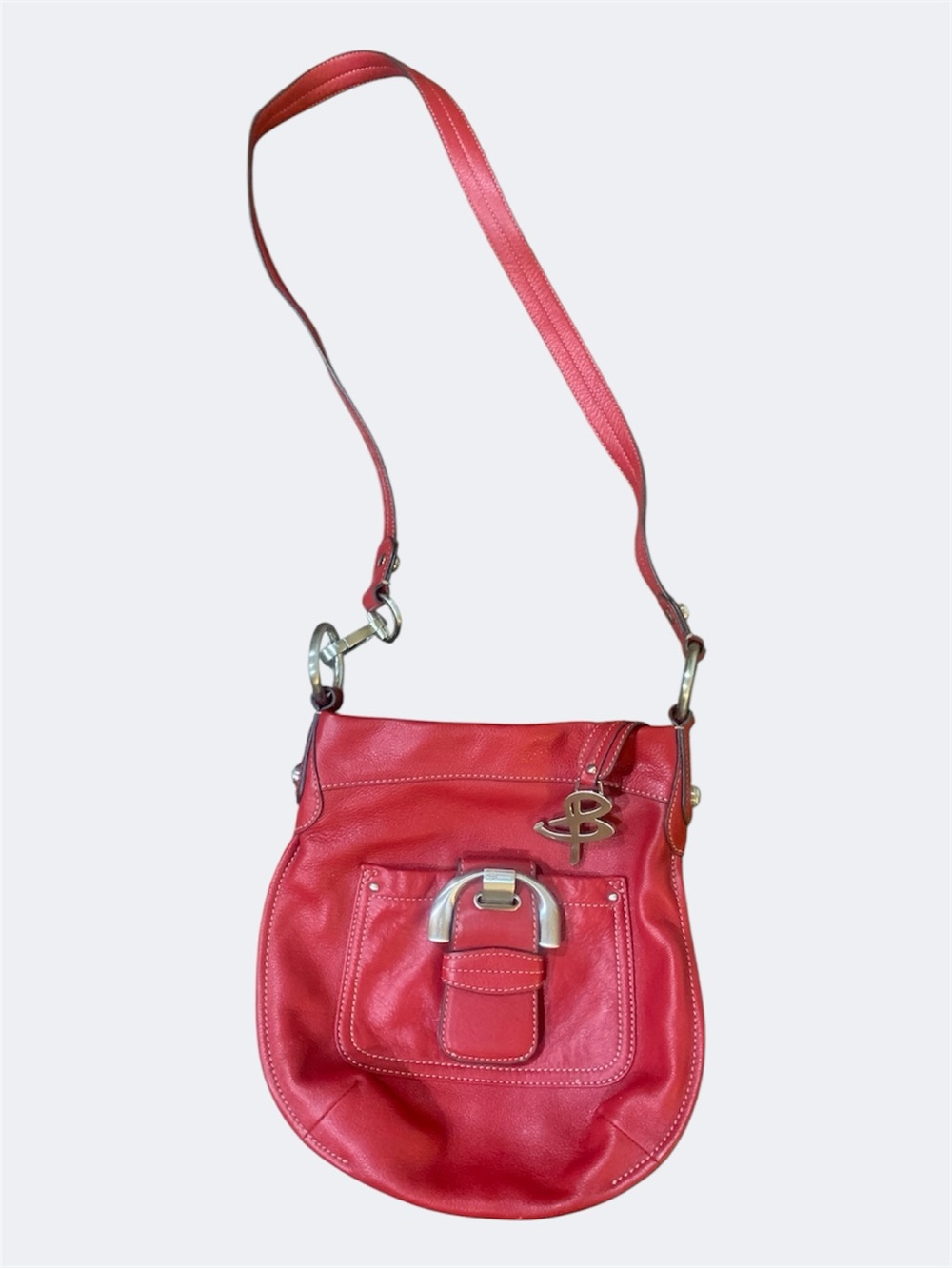 B. Makowsky Red Pebbled Genuine Leather Hobo Shoulder Bag Large Silver Hardware